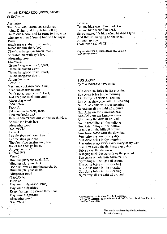 Tie Me Kangaroo Down Sport Klavier, Gesang & Gitarre PDF Noten von Rolf Harris in F Dur