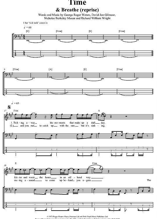 Time Bass Tab PDF Noten von Pink Floyd in Fis Moll fbd486