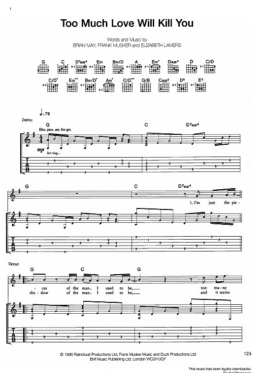 Too Much Love Will Kill You Gitarre TAB PDF Noten von Queen in fbd2318