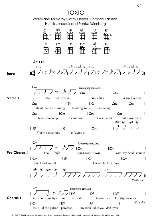 Toxic Ukulele Chord Songbook PDF Noten von Britney Spears in C Moll