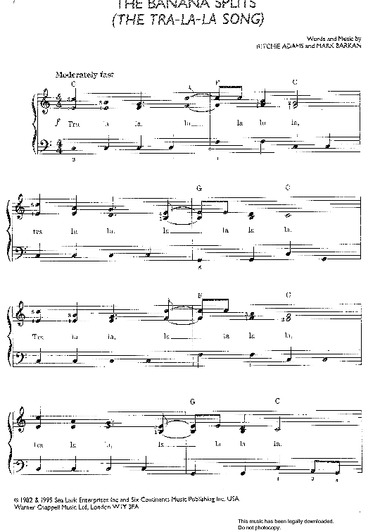 Tra La La Song from The Banana Splits Klavier einfach PDF Noten von Mark Barkan in C Dur