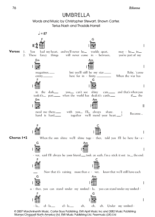 Umbrella Ukulele Chord Songbook PDF Noten von Rihanna in G Dur fbd