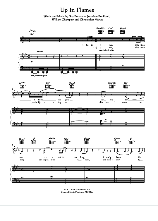 Up In Flames Klavier, Gesang & Gitarre PDF Noten von Coldplay in