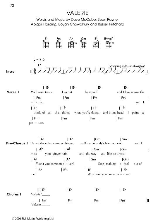 Valerie Ukulele Chord Songbook PDF Noten von Mark Ronson in Es Dur