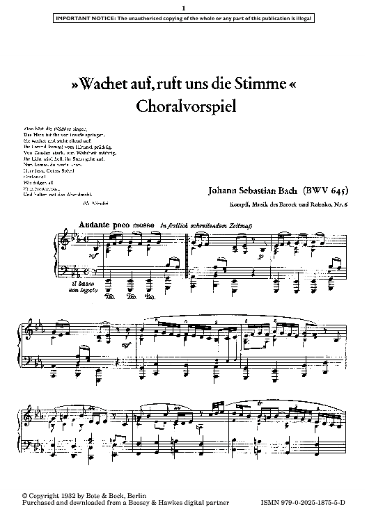 Wachet Auf Ruft Uns Die Stimme Wachet auf, ruft uns die Stimme BWV 645 Klavier Solo - PDF Noten von