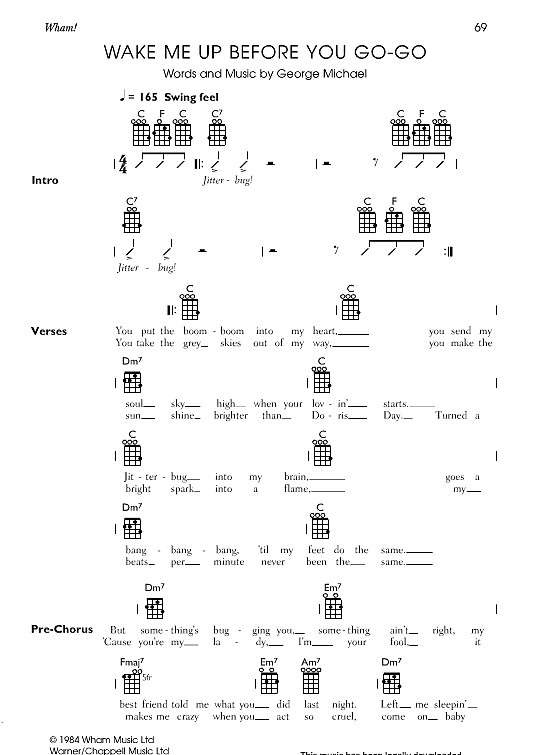Wake Me Up Before You GoGo Ukulele Chord Songbook PDF Noten von Wham