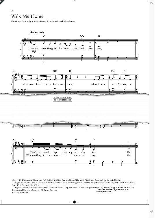 Walk Me Home Klavier einfach PDF Noten von Pink in D Dur fbd42271
