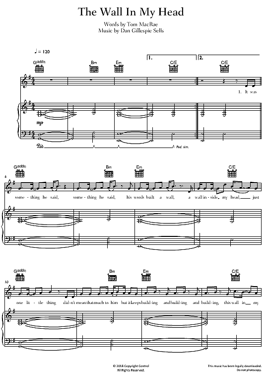 Wall In My Head Klavier, Gesang & Gitarre PDF Noten von Dan Gillespie