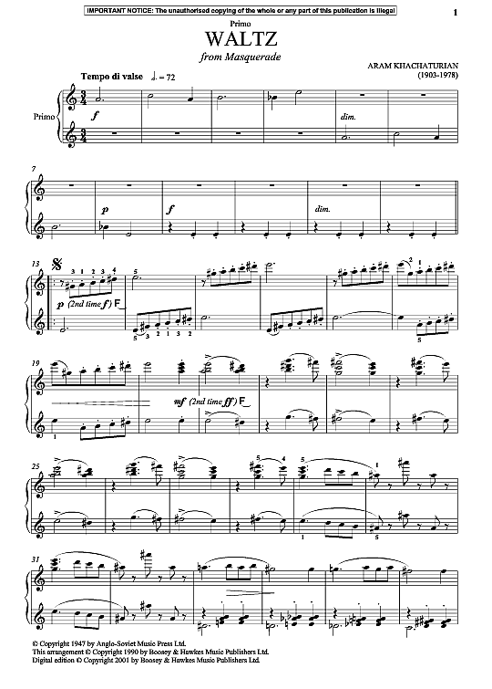 Waltz from Masquerade Klavier vierhändig PDF Noten von Aram