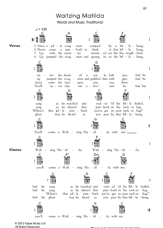 Waltzing Matilda Ukulele Chord Songbook PDF Noten von Traditional in