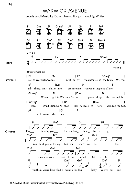 Warwick Avenue Ukulele Chord Songbook PDF Noten von Duffy in B Dur
