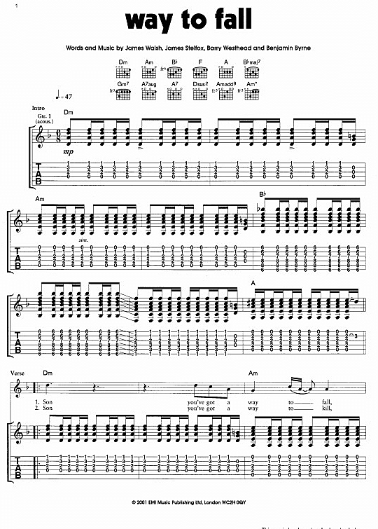 Way To Fall Gitarre TAB PDF Noten von Starsailor in D Moll fbd2271