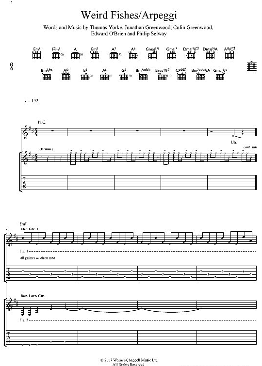Weird Fishes/Arpeggi Gitarre TAB PDF Noten von Radiohead in H Moll fbd3579