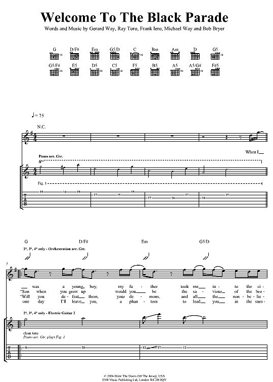 Welcome To The Black Parade Gitarre TAB - PDF Noten von My Chemical