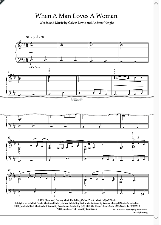 When A Man Loves A Woman Klavier Solo - PDF Noten von Percy Sledge in D ...