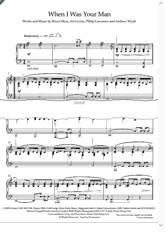Noten Bruno Mars When I Was Your Man When I Was Your Man Klavier Solo - PDF Noten von Bruno Mars in C Dur