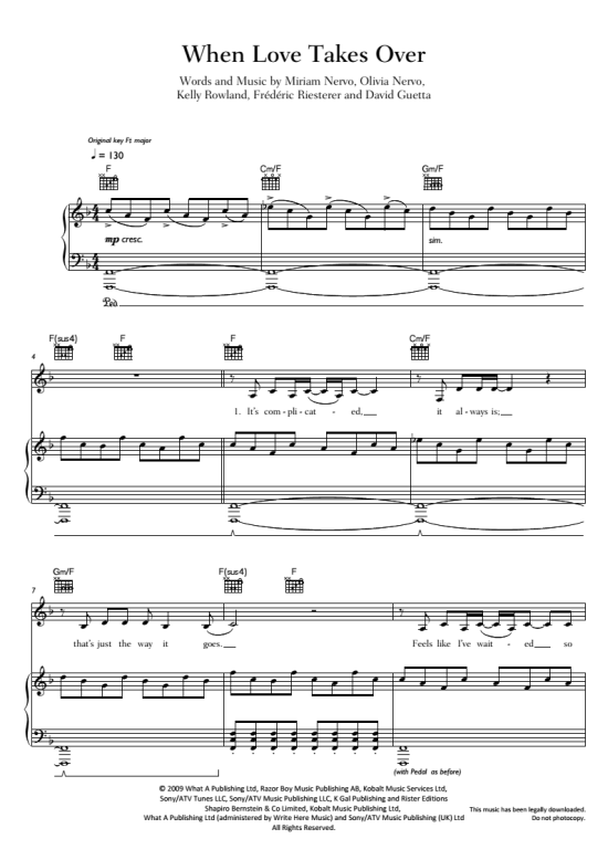 When Love Takes Over Klavier, Gesang & Gitarre PDF Noten von David