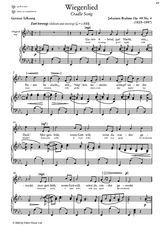 wiegenlied op.49 no.4 klavier & gesang johannes brahms