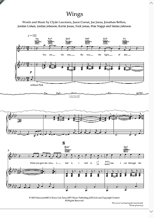 Wings Klavier, Gesang & Gitarre PDF Noten von Jonas Brothers in Fm