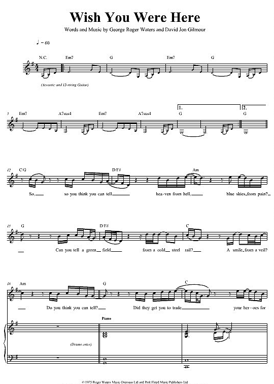 Wish You Were Here PianoKeyboard PDF Noten von Pink Floyd in E Moll