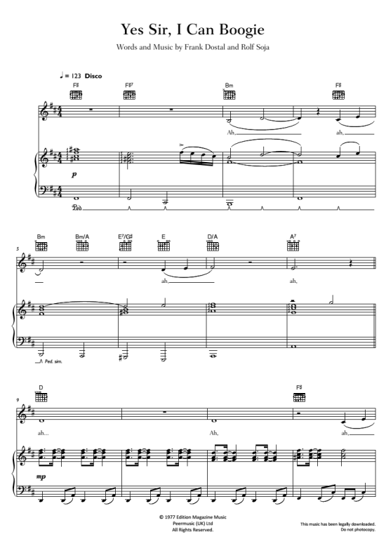 Yes Sir, I Can Boogie Klavier, Gesang & Gitarre PDF Noten von Baccara