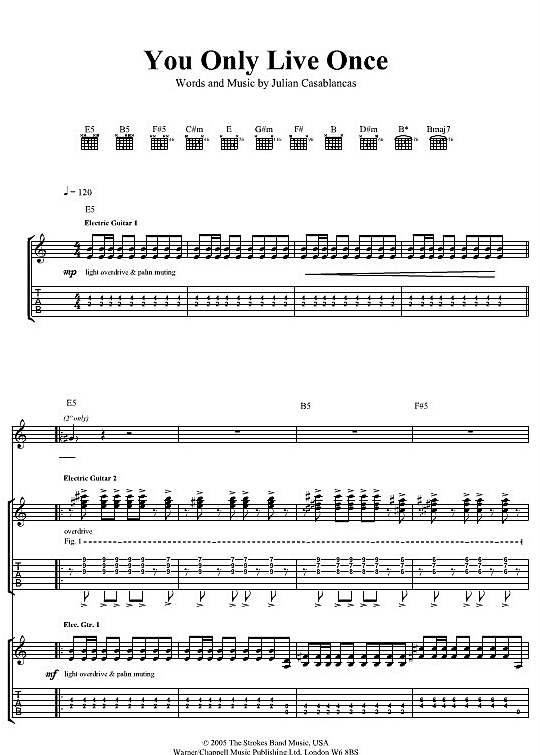 You Only Live Once Gitarre TAB - PDF Noten von The Strokes in E