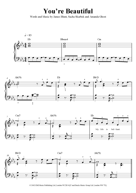 You re Beautiful Klavier, Gesang & Gitarre PDF Noten von James Blunt