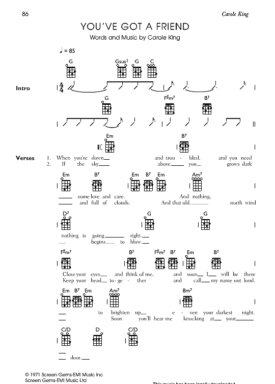You ve Got A Friend Ukulele Chord Songbook PDF Noten von Carole King