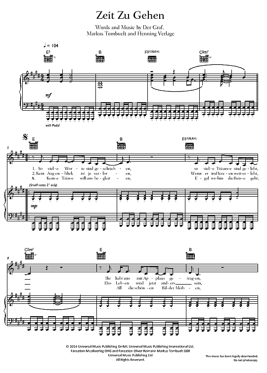 Zeit Zu Gehen Klavier, Gesang & Gitarre PDF Noten von Unheilig in fbd30618