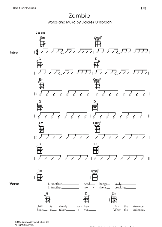 Zombie Ukulele Chord Songbook PDF Noten von The Cranberries in E Moll