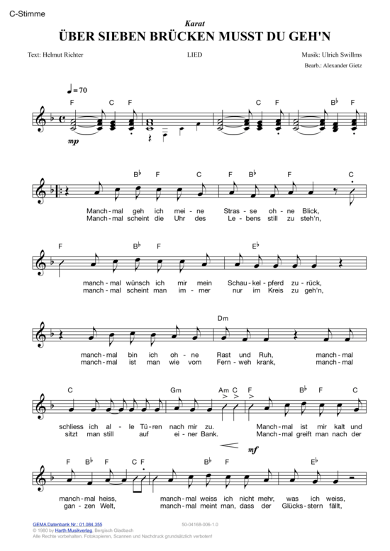 Über sieben Brücken musst du gehen MelodieStimmen in C/B/Es PDF Noten von Karat in F Über sieben Brücken musst du gehen MelodieStimmen in C/B/Es PDF Noten von Karat in F