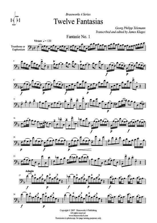 12 Fantasias (Bariton-Posaune Solo) (Bariton Posaune (Solo)) von Georg Philipp Telemann