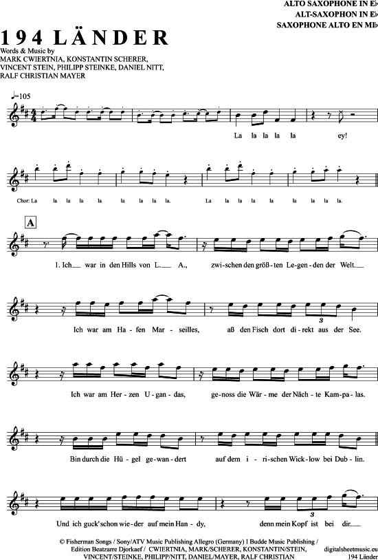 194 Länder AltSax PDF Noten von Mark Forster in D Dur 7111160