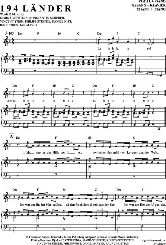 194 Länder Klavier + Gesang PDF Noten von Mark Forster in F Dur 7070817