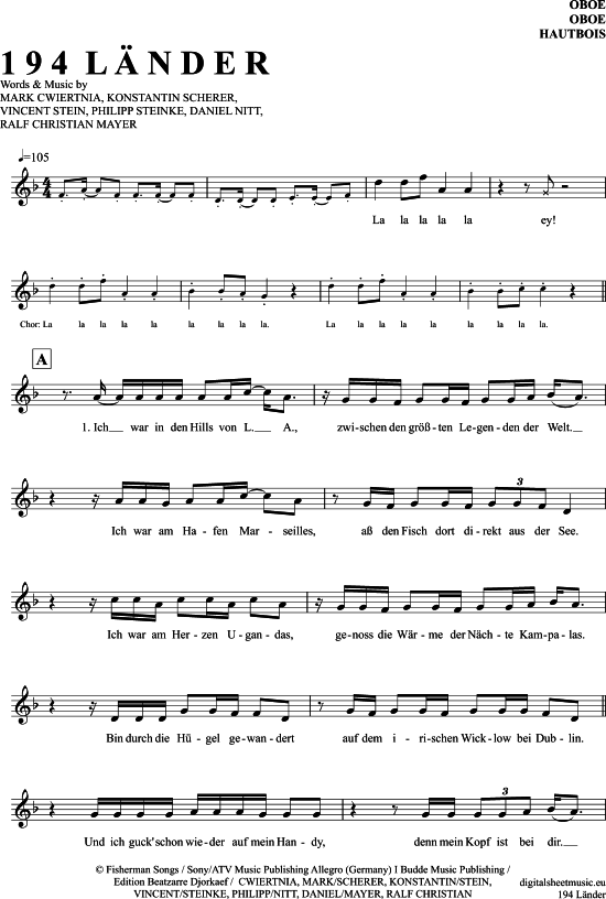 194 Länder Oboe PDF Noten von Mark Forster in F Dur 7090578