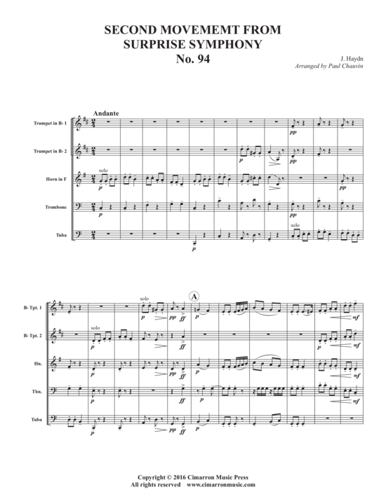2. Satz aus der Paukenschlagsinfonie Nr. 94 (Blechbl auml serquintett) (Quintett (Blech Brass)) von Joseph Haydn