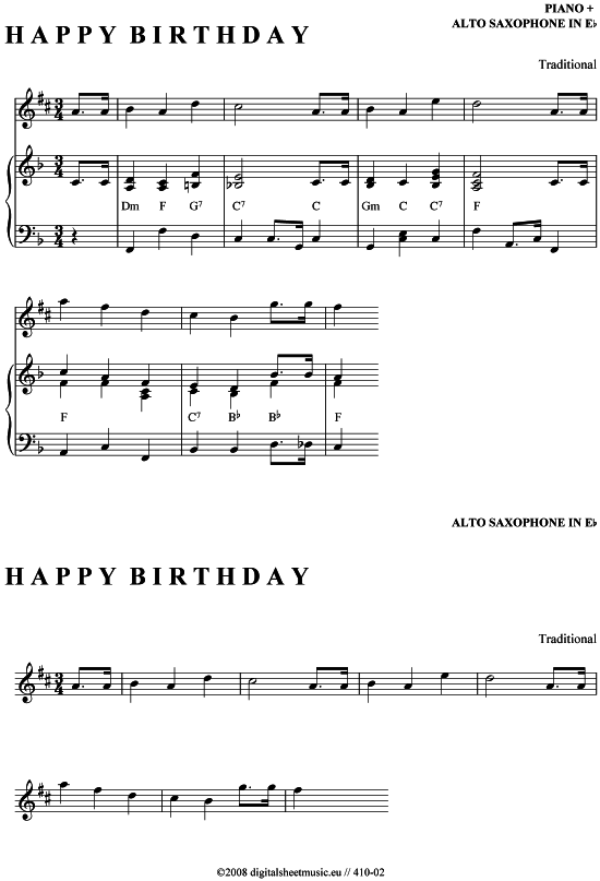 Happy Birthday (Es-Alt-Sax + Klavier) Traditional