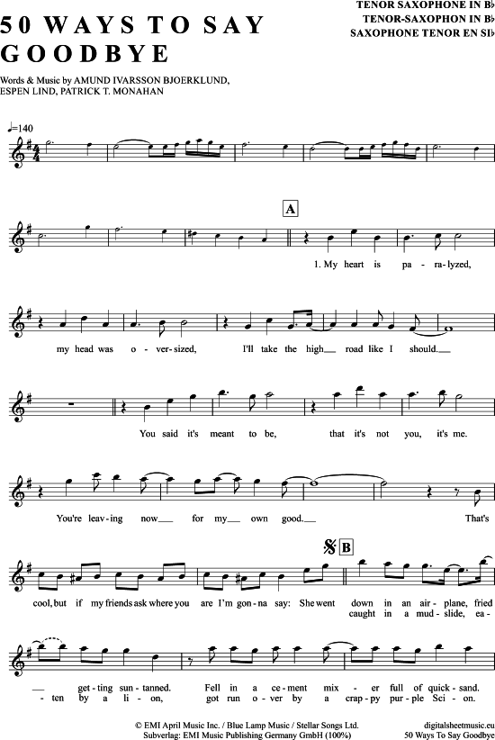 50 Ways To Say Goodbye (Tenor-Sax) (Tenor Saxophon) von Train