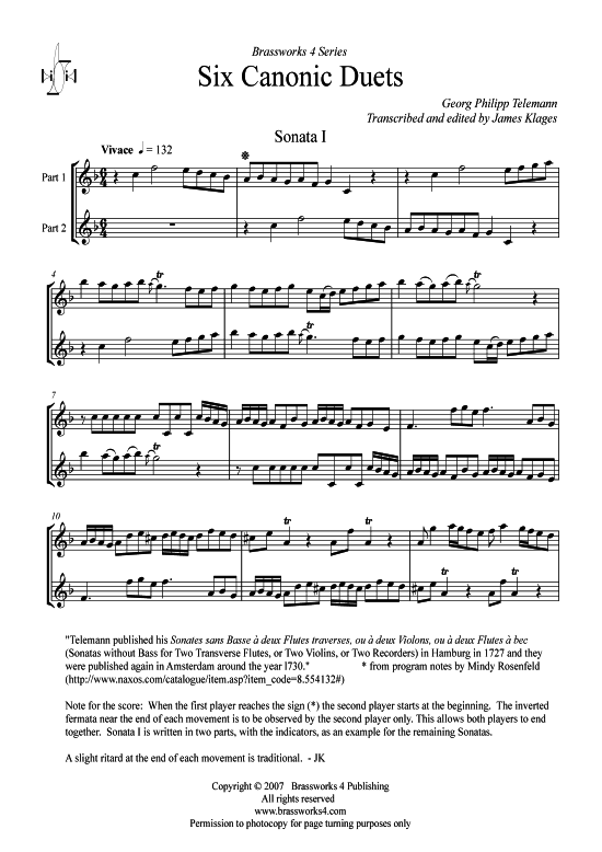 6 Canonic Duets (2x Trompete Tenorhorn in B) (Duett (Blech Brass)) von Georg Philipp Telemann