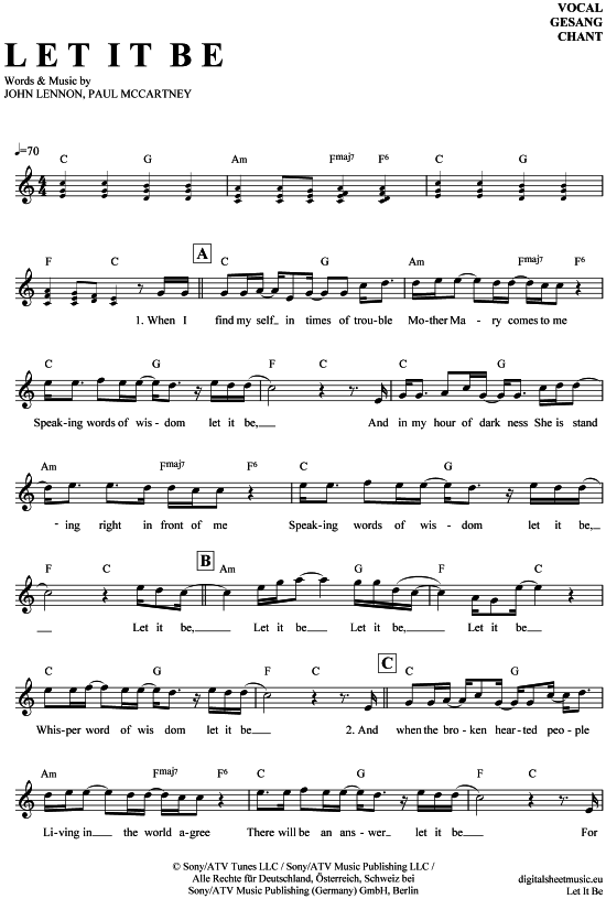 Let it be Gesang - PDF Noten von The Beatles in C Dur - 7040216