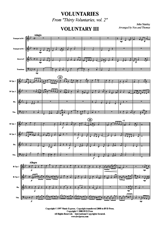 9 Voluntaries (2xTromp in B Horn in F (Pos) Pos) (Quartett (Blech Brass)) von John Stanley (arr. Thomas Neu)