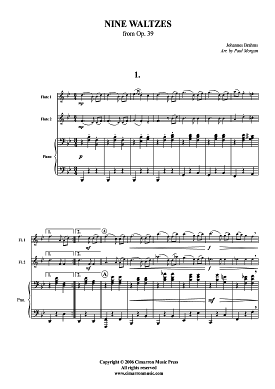 9 Walzer (2x Querfl ouml te + Klavier) (Trio (Klavier  2 St.)) von Johannes Brahms (op. 39)