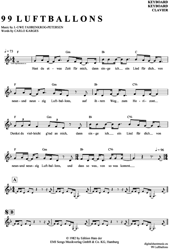 99 Luftballons Keyboard - PDF Noten von Nena in F Dur - 7060062