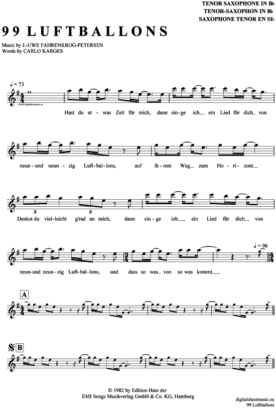 Nena 99 Luftballons Mit Text 99 Luftballons Tenor-Sax - PDF Noten von Nena in G Dur - 7110126