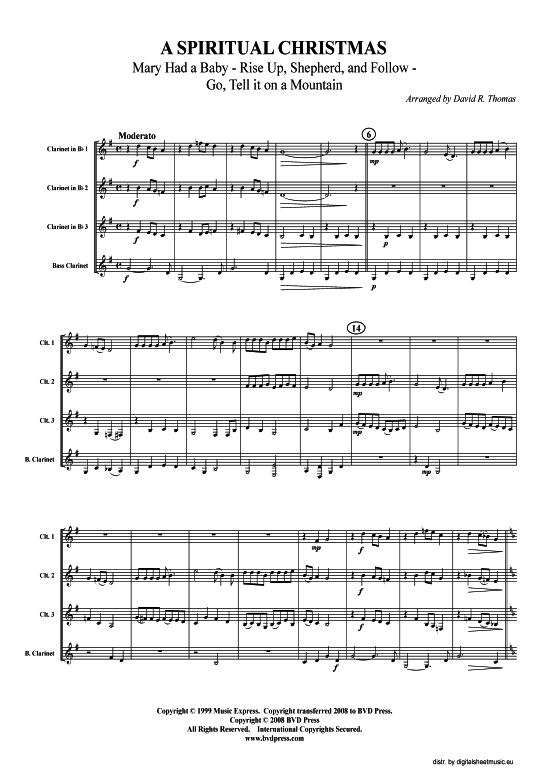 A Spiritual Christmas (3xKLAR in B Bass-KLAR) (Quartett (Klarinette)) von Weihnachten (arr. Thomas)