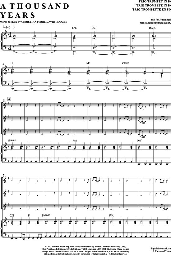 A Thousand Years (Trompeten Trio + Klavier) (Trio (Trompete)) von Christina Perri