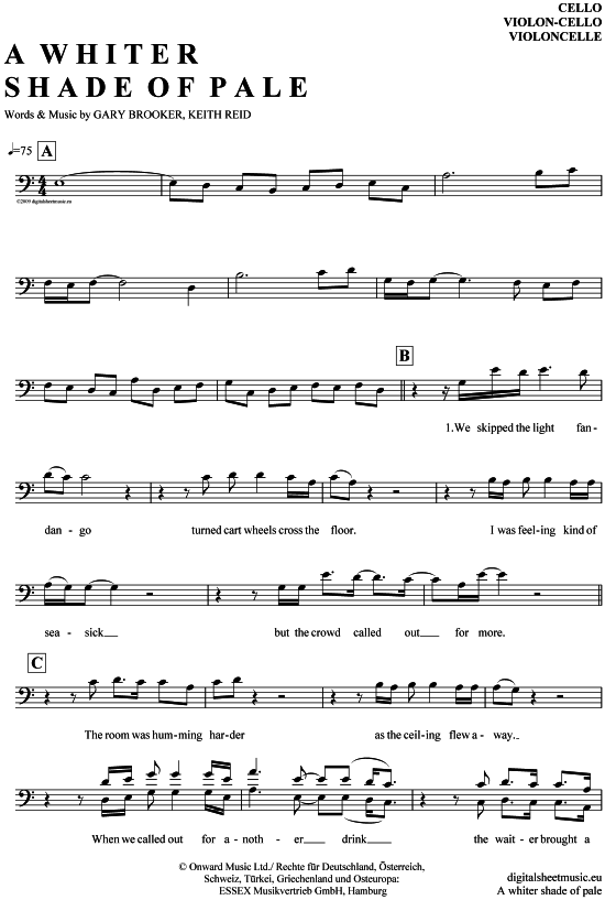 A Whiter Shade Of Pale Noten Kostenlos A whiter shade of pale Violon-Cello - PDF Noten von Procol Harum in C
