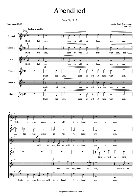 Abendlied op.69 Nr. 3 (SSATTB) (Gemischter Chor) (Gemischter Chor) von Josef Rheinberger (1839-1901)