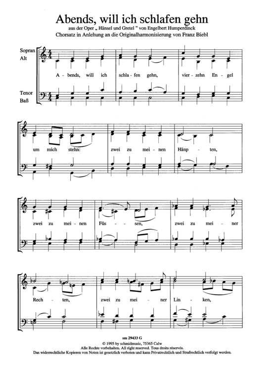Abends, will ich schlafen gehen Gemischter Chor - PDF Noten von