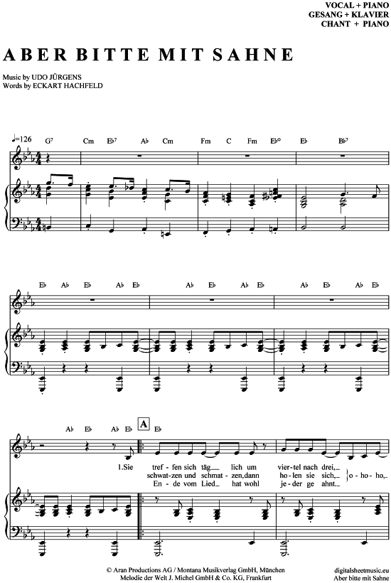 Aber bitte mit Sahne Klavier + Gesang PDF Noten von Udo Jürgens in Es Dur 7070011 Aber bitte mit Sahne Klavier + Gesang PDF Noten von Udo Jürgens in Es Dur 7070011